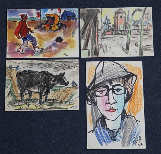 Willy Robert Huth (German, 1890-1977), four watercolour postcards, cow, boy with football, portrait (Ruth Huth) & industrial landscape